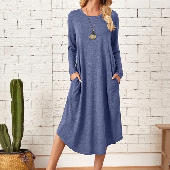 Dresses & Skirts - Long sleeve curved hem midi dress POCKETS blue